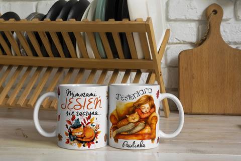 Personalizowany kubek z grafiką „Mimozami jesien sie zaczyna"